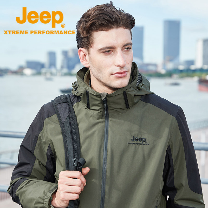 jeep冲锋衣抓三合一可拆卸户外登山防水风衣加绒夹克