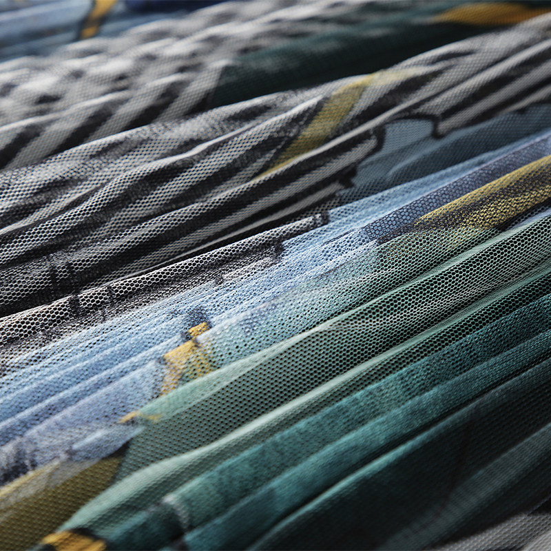 夏季复古印花网纱连衣裙短袖淑女有气质松紧大摆连衣裙