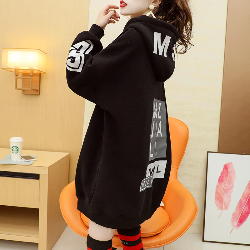 加绒加厚连帽卫衣女中长款2021秋冬新款宽松洋气百搭网红炸街外套