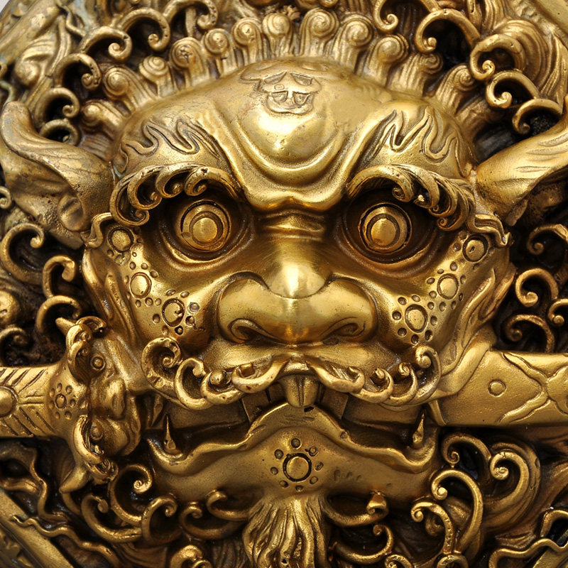 黄铜八角狮头摆件铜兽头八卦狮咬剑挂件狮子睚眦装饰摆件