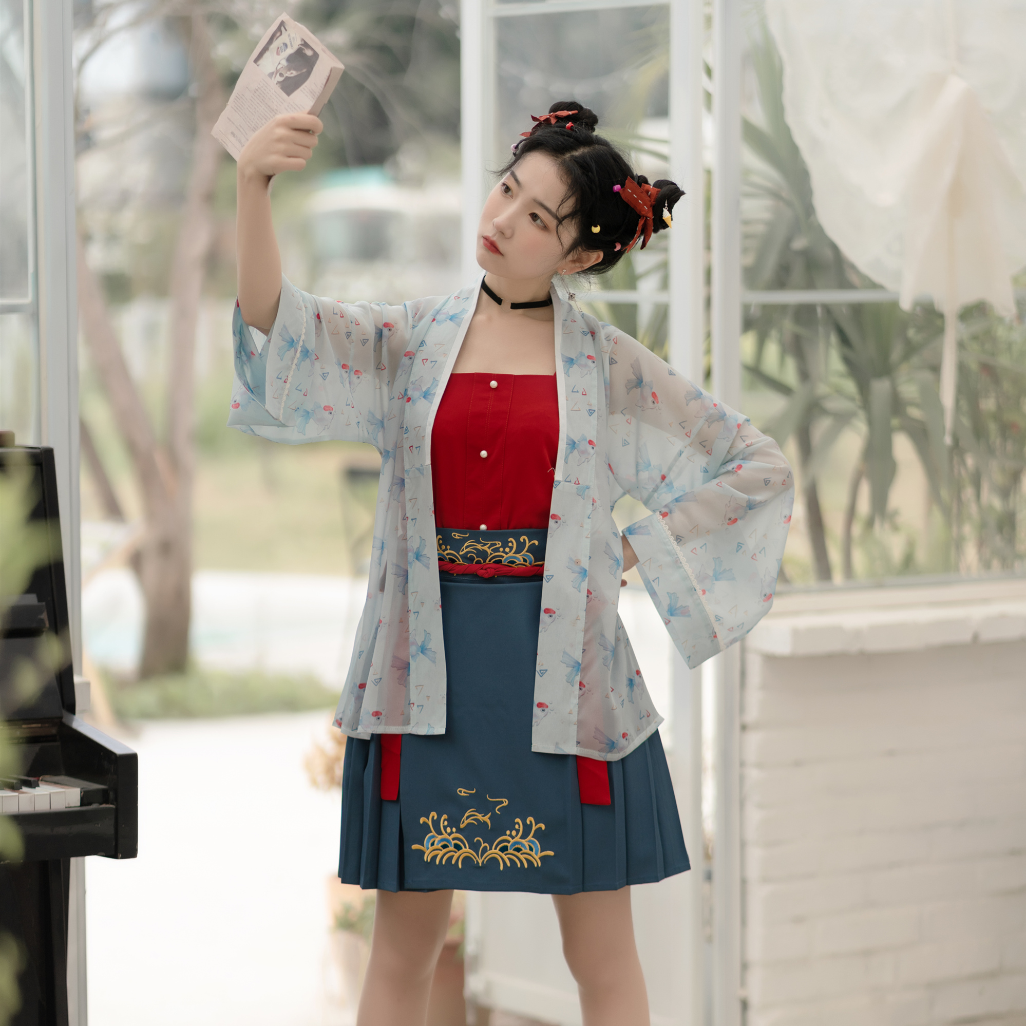 风来榕下金鱼原创汉服女齐腰对襟汉元素百迭短裙汉服