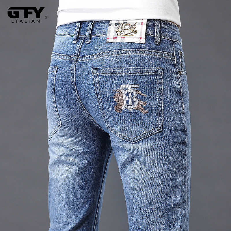 GTFY意大利夏季浅蓝牛仔裤男士薄款修身小脚弹力潮流刺绣休闲长裤