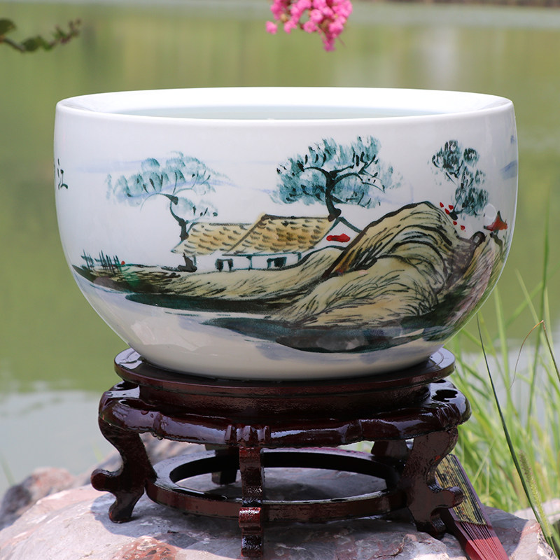 景德镇陶瓷鱼缸手绘青花瓷荷花缸大号养鱼盆家用招财风水摆件客厅