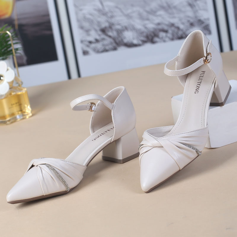 福禄桐尖头凉鞋夏季新款粗跟高跟鞋仙女风一字带水钻包跟包头女鞋