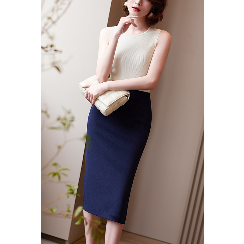 尘颜2021年垂感醋酸ol职业通勤西装裙半身裙藏蓝色包臀中长裙g842