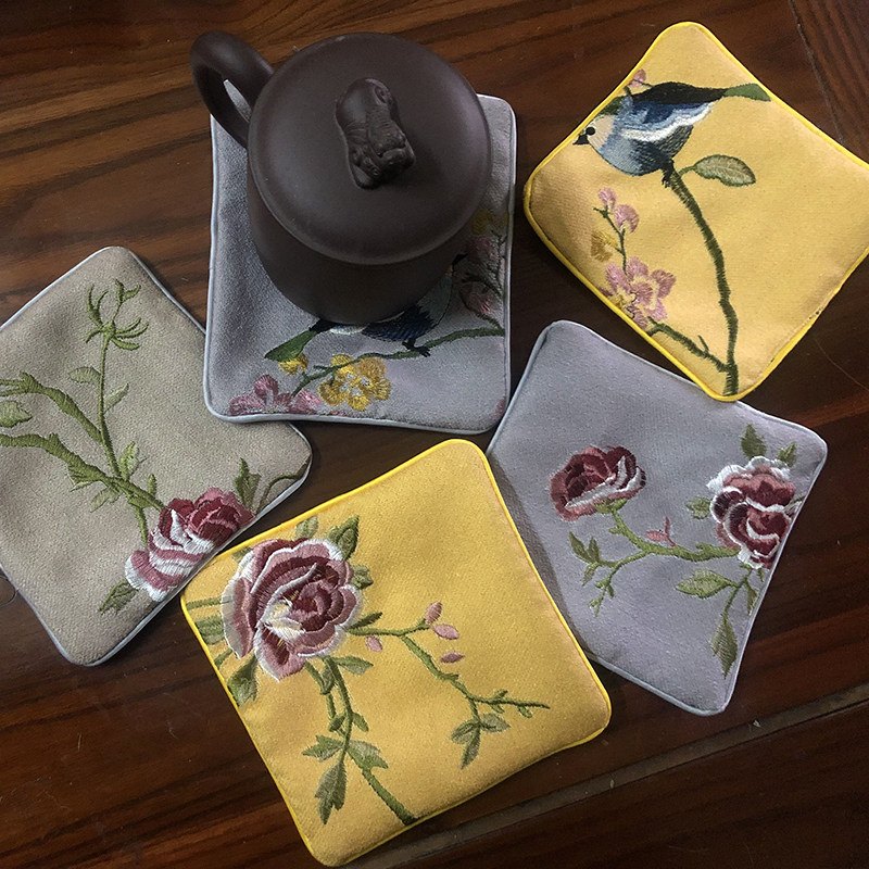杯垫中式餐垫布垫刺绣布艺荷花隔热古典中国餐垫