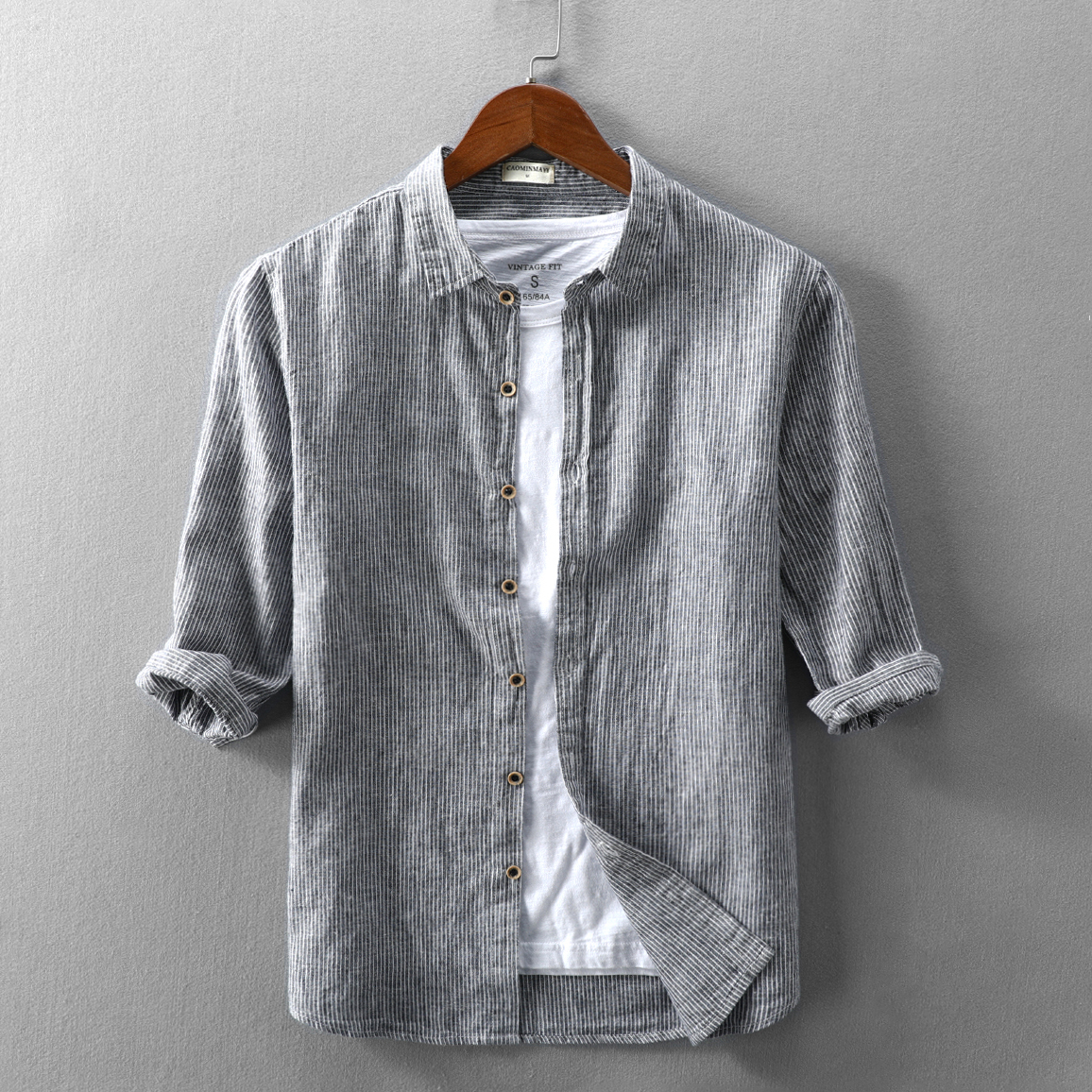 夏季亚麻衬衫男士七分袖条纹宽松棉麻衬衣短袖休闲外套麻布料上衣