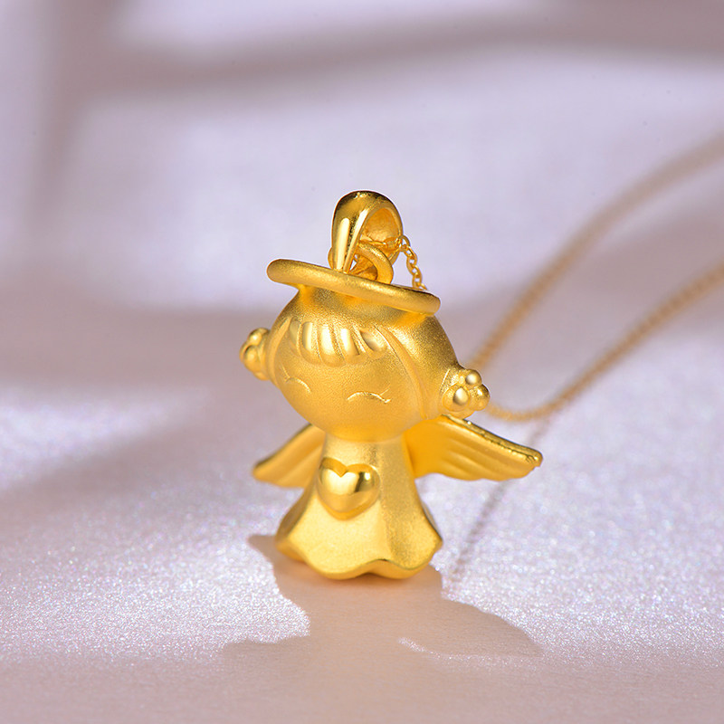 黄金项链女999足金3d硬金天使宝宝吊坠18k金锁骨链首饰项坠饰正品