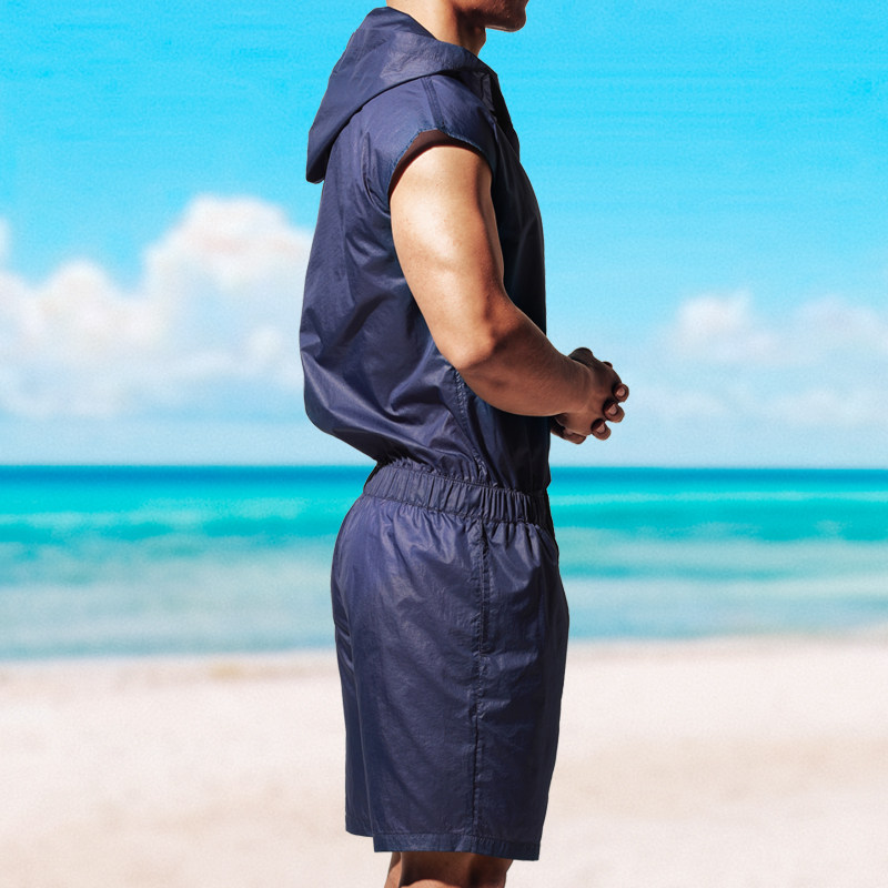 desmiit夏季男士薄款无袖防晒沙滩短款连体衣潮男沙滩外套