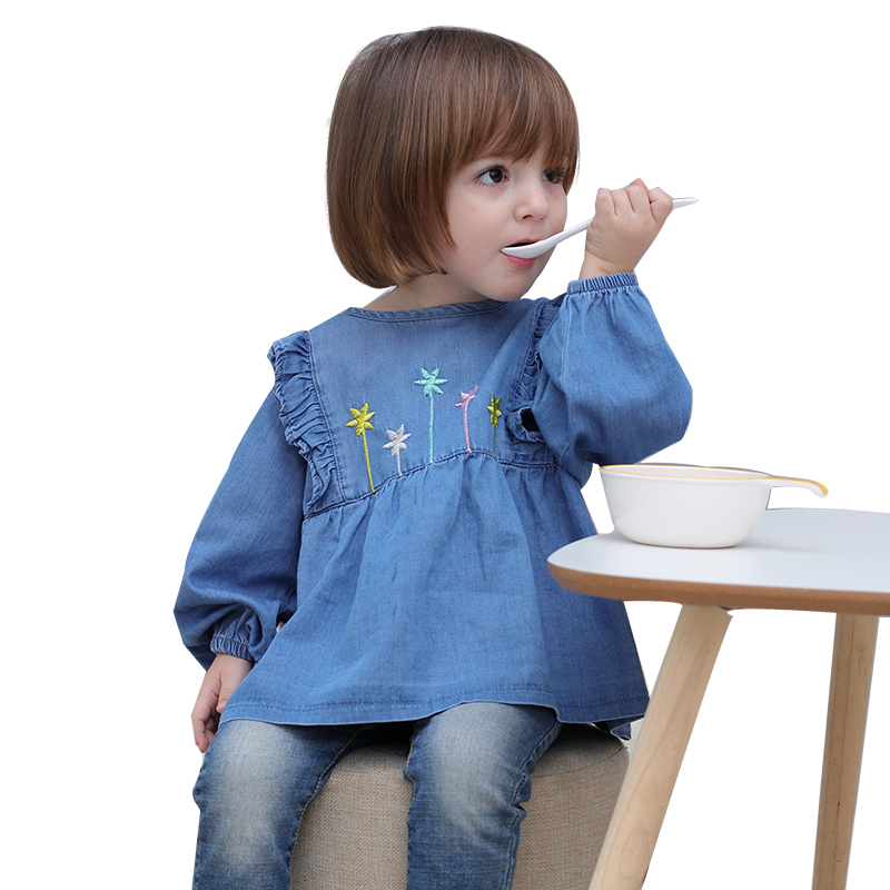 傲贝美罩衣女宝宝春秋款长袖防水反穿衣0-4岁儿童牛仔反穿衣纯棉