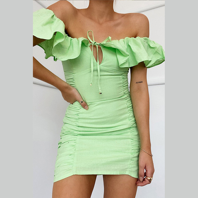 runaway2019秋装新款复古气质一字肩荷叶边镂空褶皱连衣裙