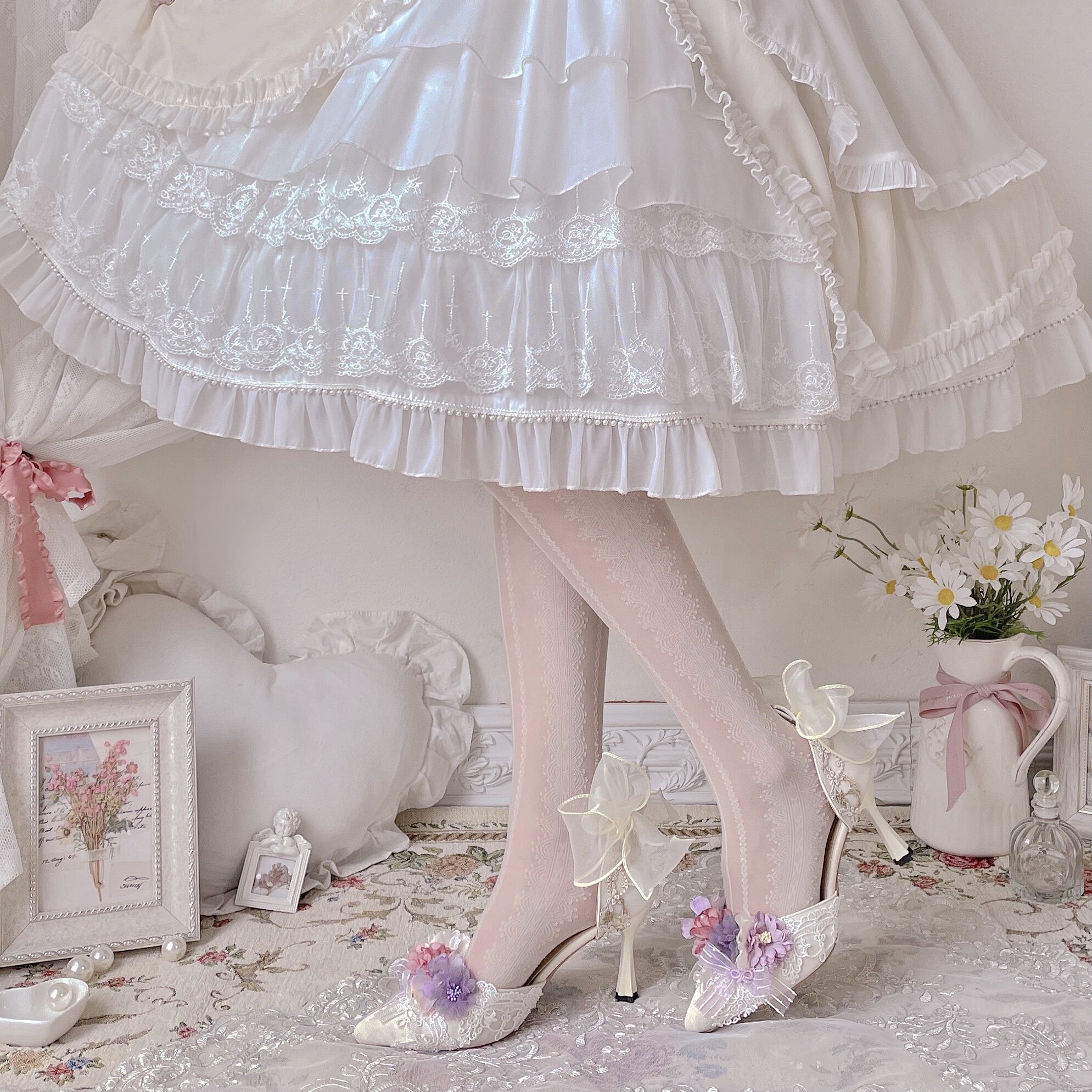 一只冲天天兔花见时节花嫁lolita高跟鞋尖头优雅lolita洛丽塔鞋类