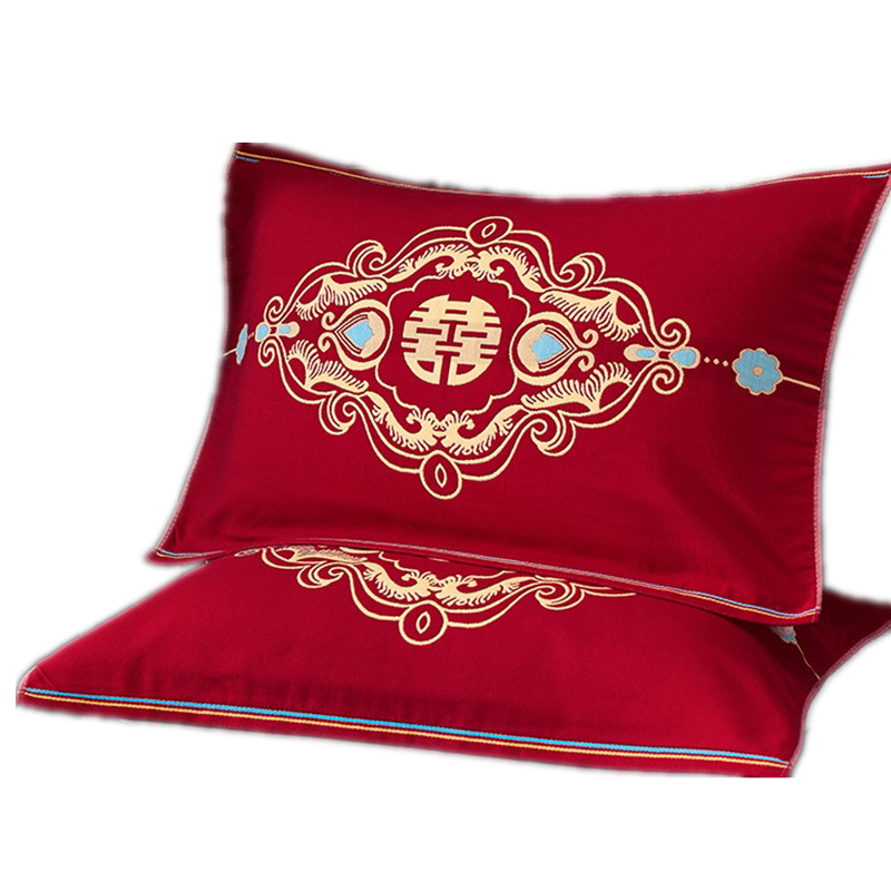高档结婚枕巾纯棉喜庆红色婚庆陪嫁一对家用枕巾