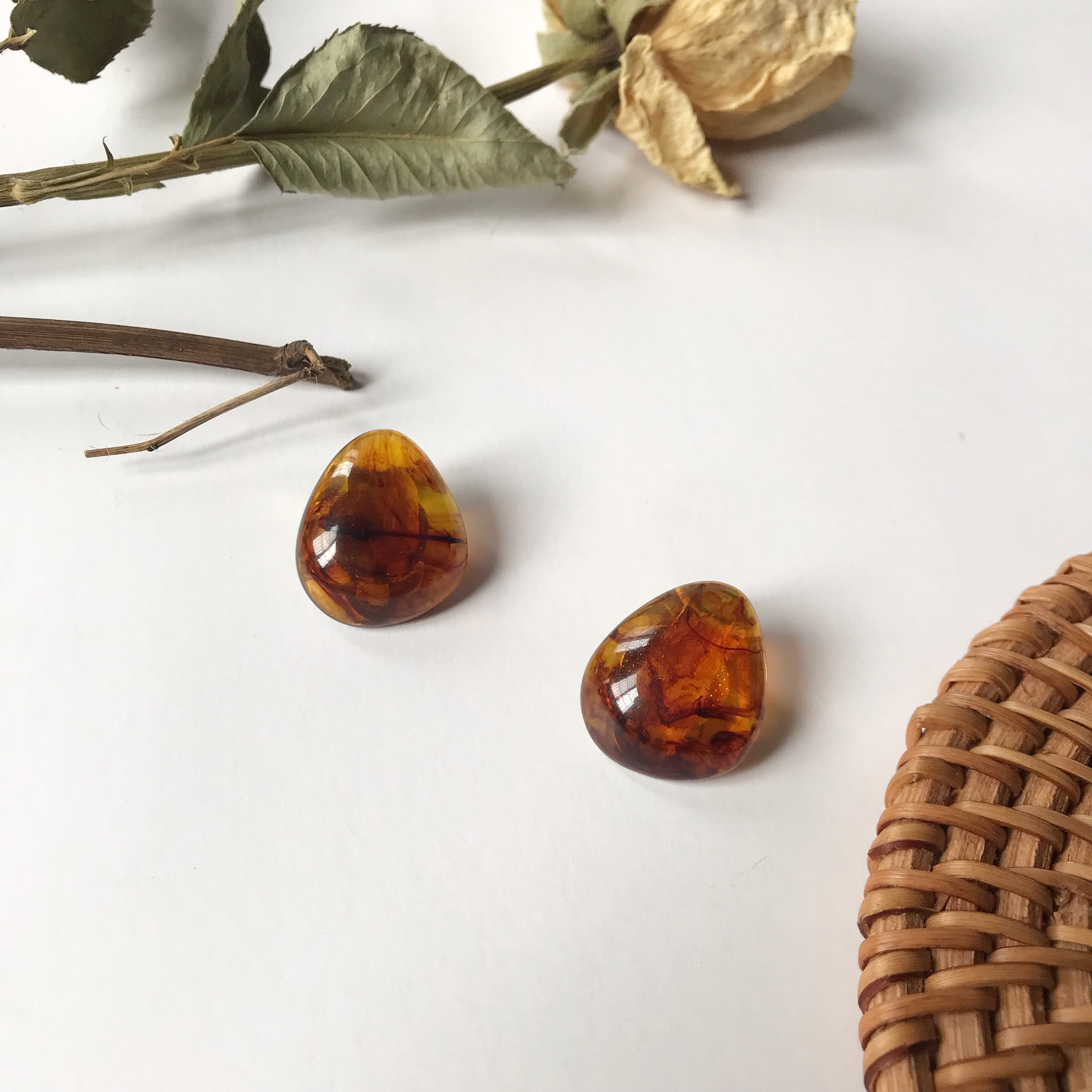 heeyo复古琥珀色日常半透明纯银耳钉日韩简约玳瑁耳环