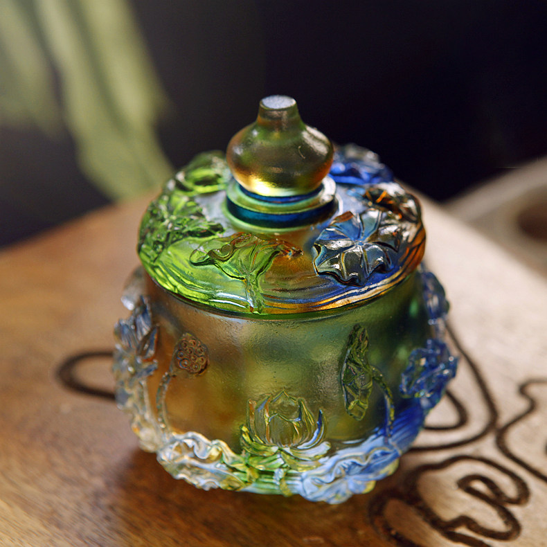 佛教七宝琉璃供具佛像led底座七彩琉璃莲花供水杯佛台香座