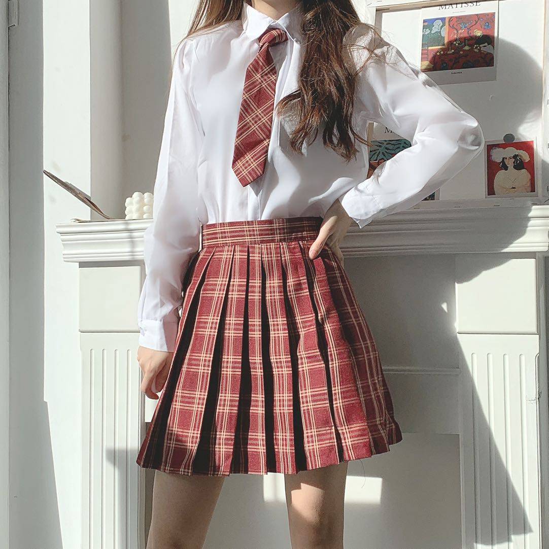 2020新款大码原创jk制服红色格子百褶裙正统半身裙