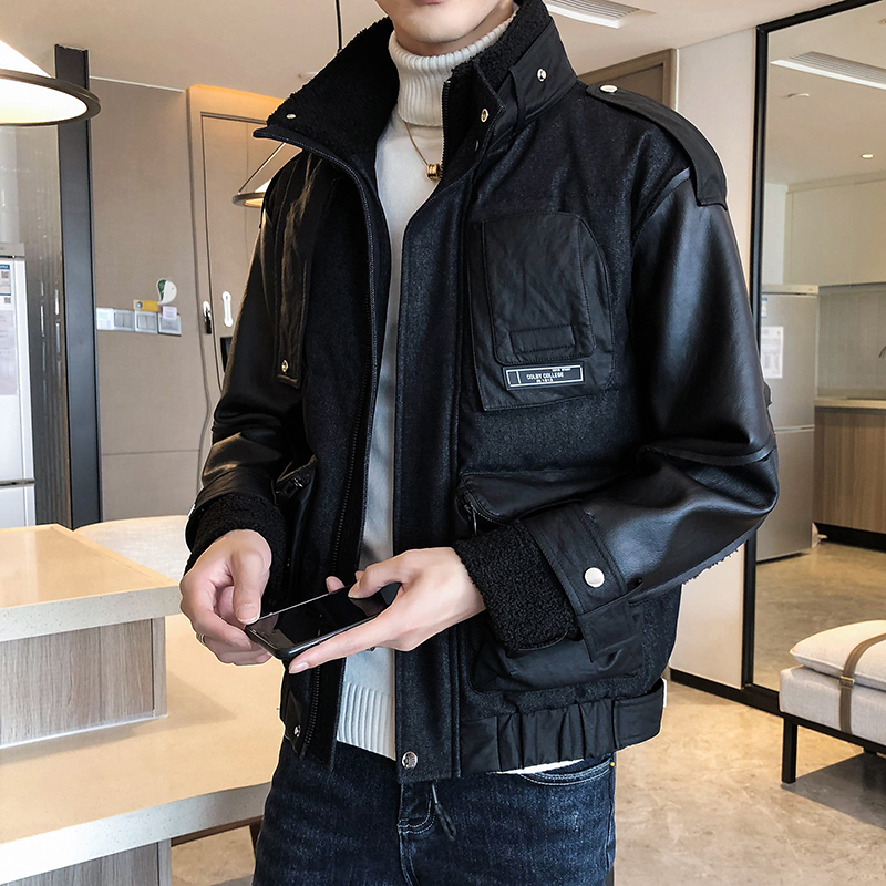 韩版潮流宽松皮衣短款机车服飞行员工装羽绒服夹克外套男牛仔潮牌