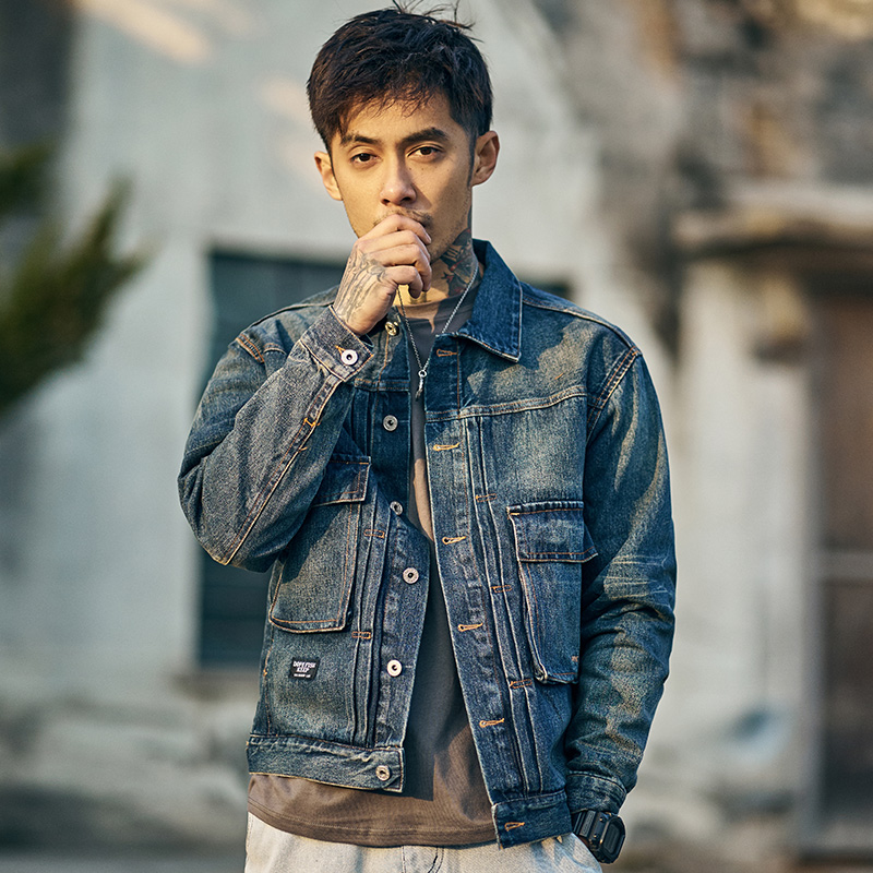 炉品美式多口袋工装牛仔夹克男宽松潮流百搭上衣休闲春秋男士外套