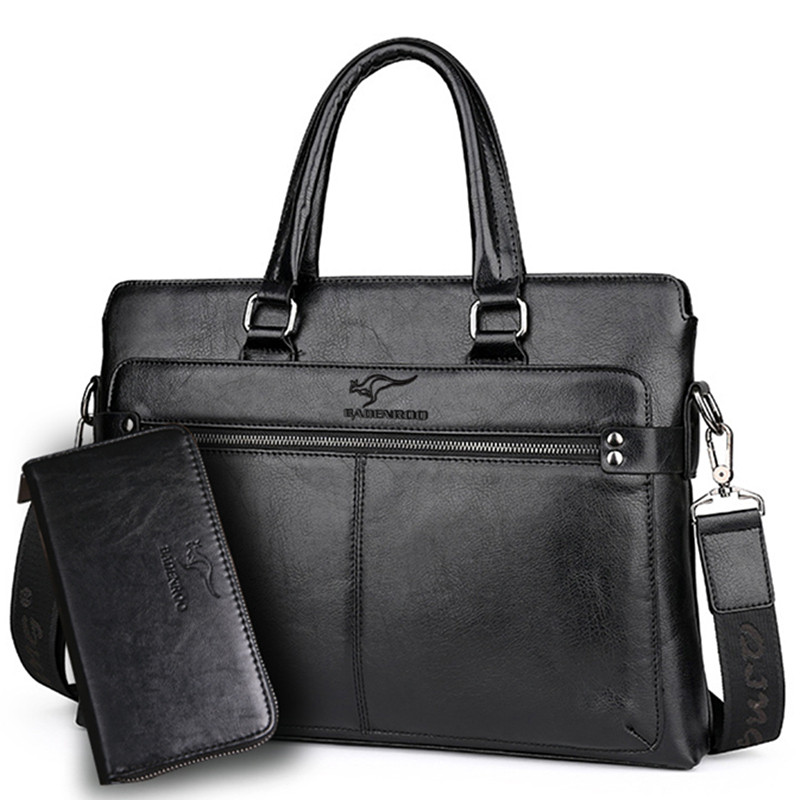 新款袋鼠男包手提包横款男士公文包商务出差包包斜挎电脑包男皮包