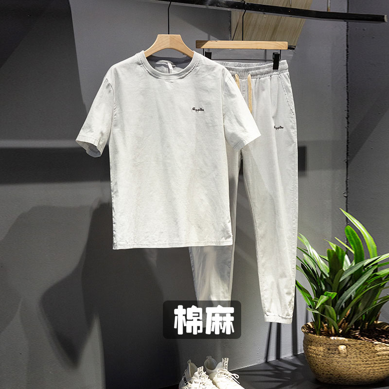 休闲套装男夏季薄款运动两件套韩版潮流刺绣棉麻夏天衣服男生夏装
