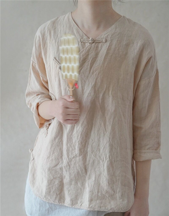 中式禅意袖小七分亚麻襟盘领斜文艺复古衬衫