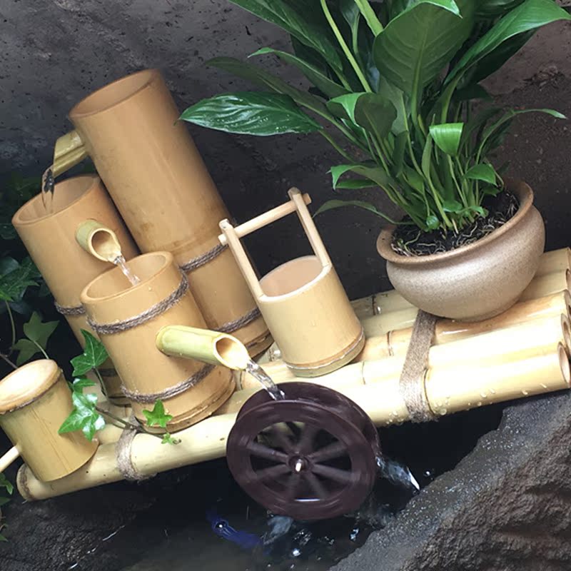 竹子流水摆件石槽鱼缸鱼池自制增氧过滤器创意水车