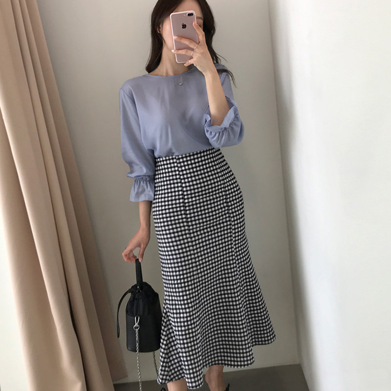 鱼尾格子半身裙女秋季新款高腰显瘦复古春秋半身裙