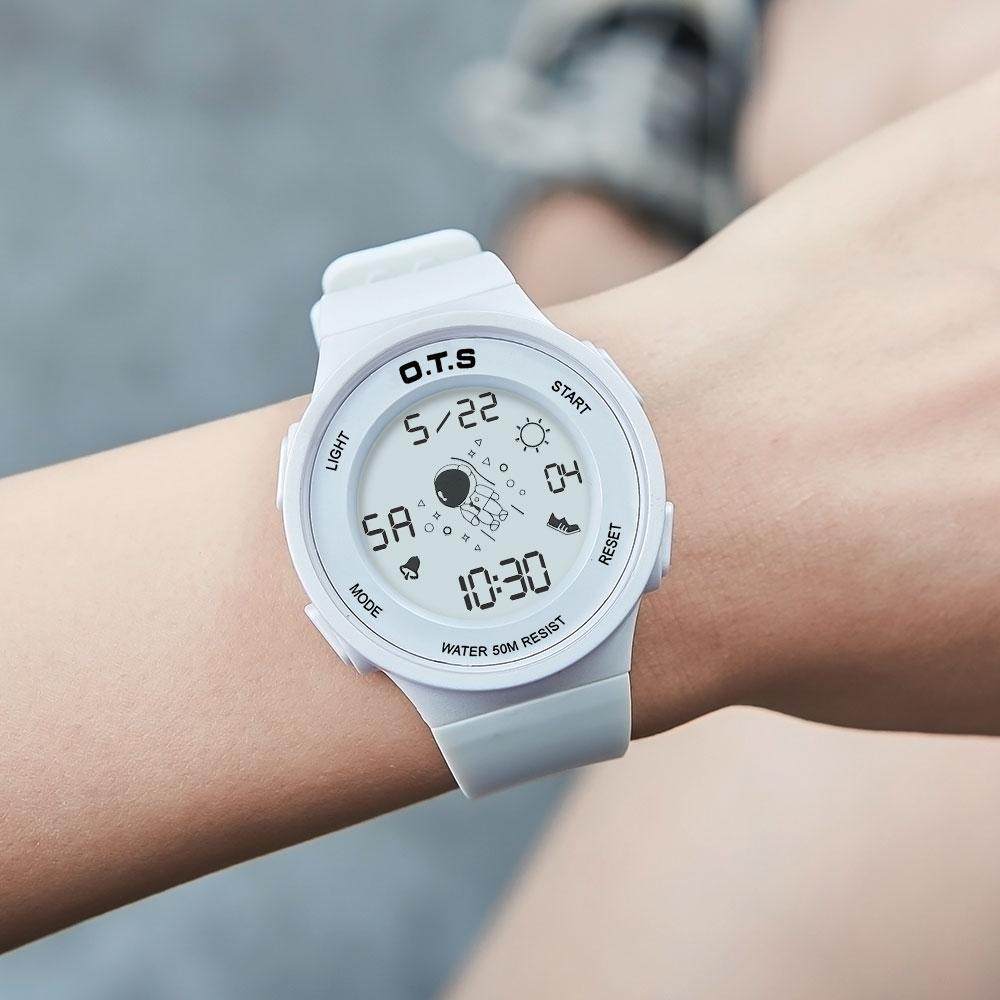手表ots白色电子表女中中学生夜光韩版时尚防水国产腕表