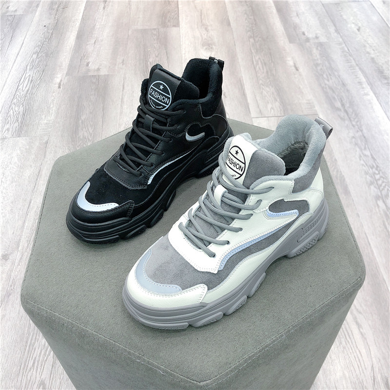 冰洁冬季新款女鞋真皮厚底高帮休闲休闲运动运动鞋高帮鞋