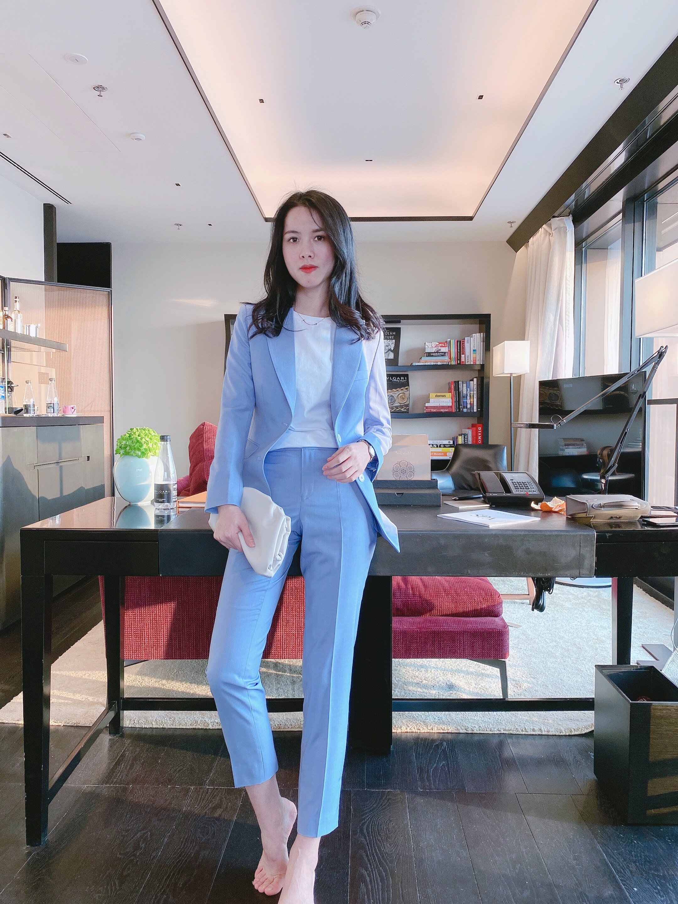 套装西服天蓝色单排西装修身显瘦气质外套陈数同西装