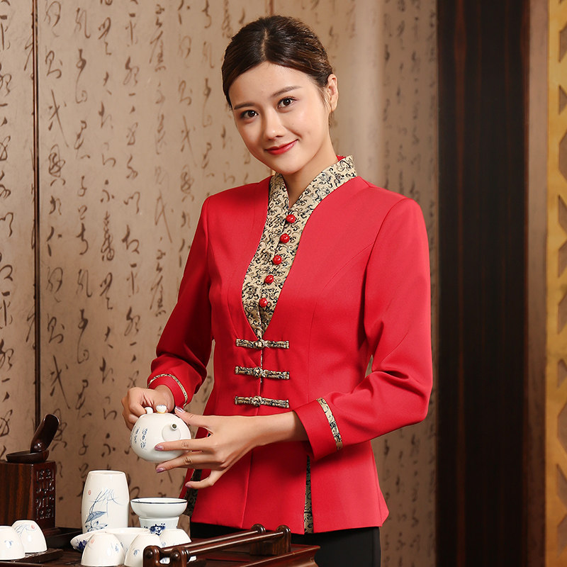 服务员工作服长袖酒店餐饮火锅饭店茶楼迎宾民族风服装酒店工作制服