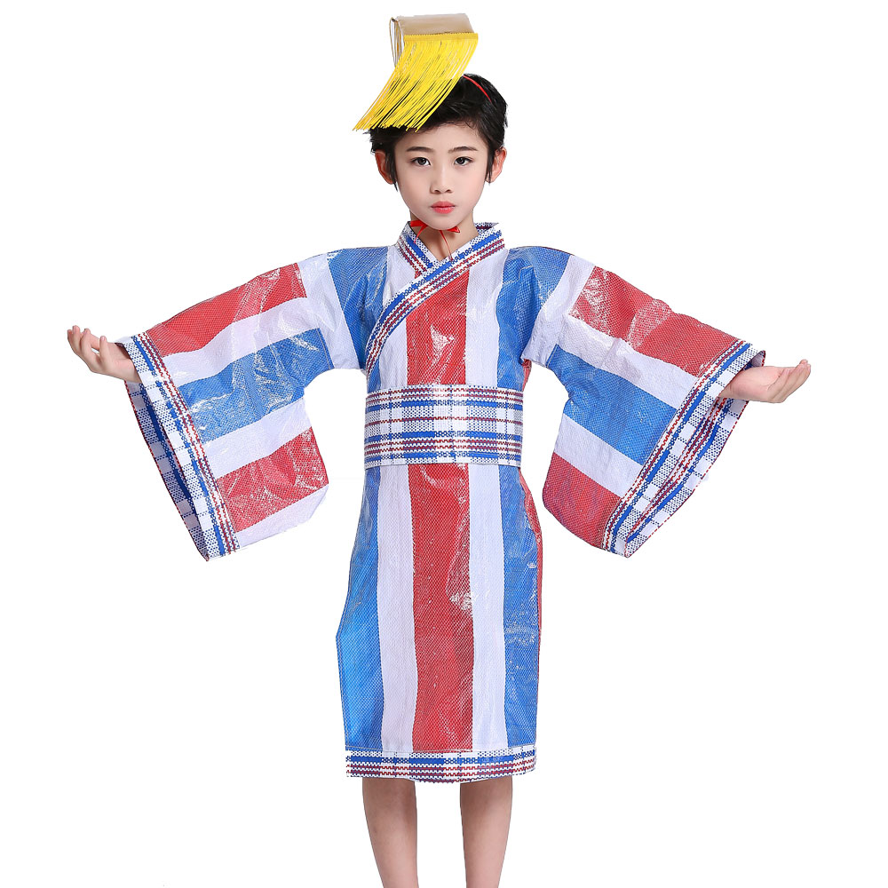 儿童环保表演服皇帝服塑料编制袋服装废物利用衣服亲子装走秀服装