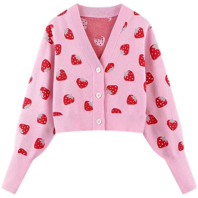 2021粉色毛衣针织衫开衫短款提花草莓春款单排毛针织衫