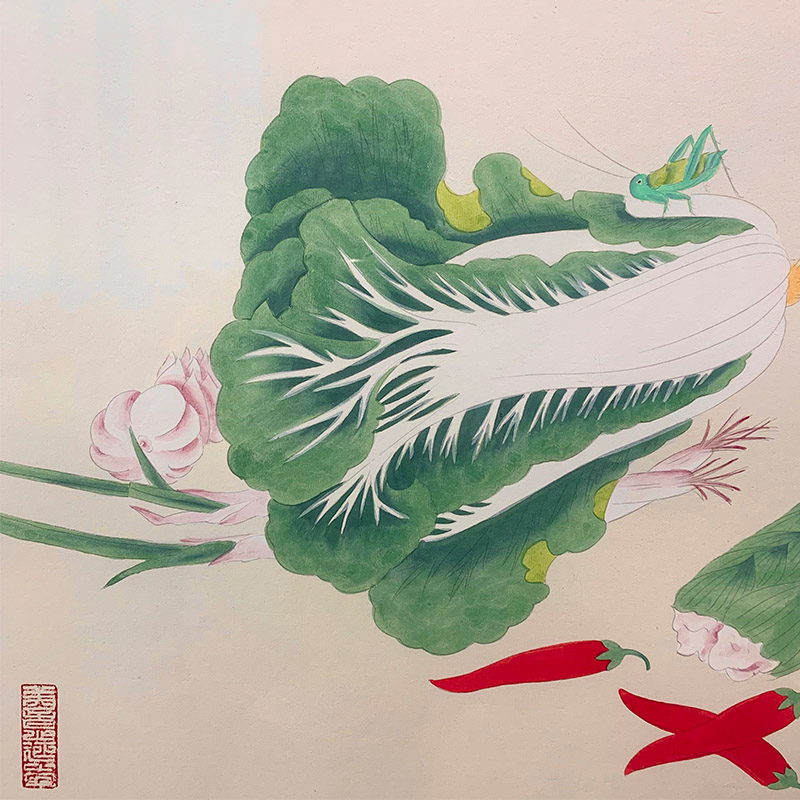 百财白菜蝈蝈招财旺财手绘真迹工笔画国画餐厅国画
