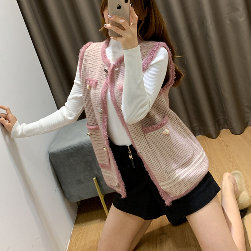 水貂夹背马夹背针织香风流苏亮丝新款毛针织衫