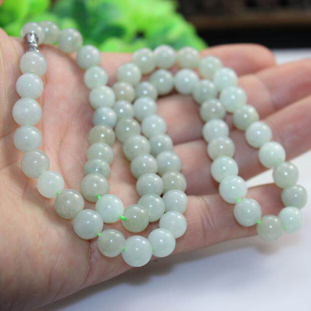 天然缅甸翡翠货老坑冰糯种润白豆绿项链玉珠项链