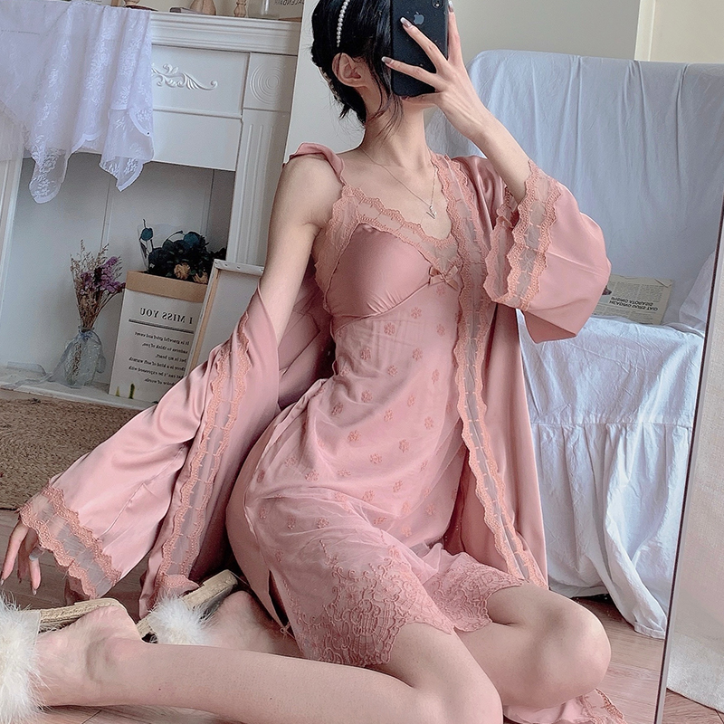 睡衣女春夏冰丝吊带睡裙睡袍中长款唯美蕾丝性感薄款套装家居服