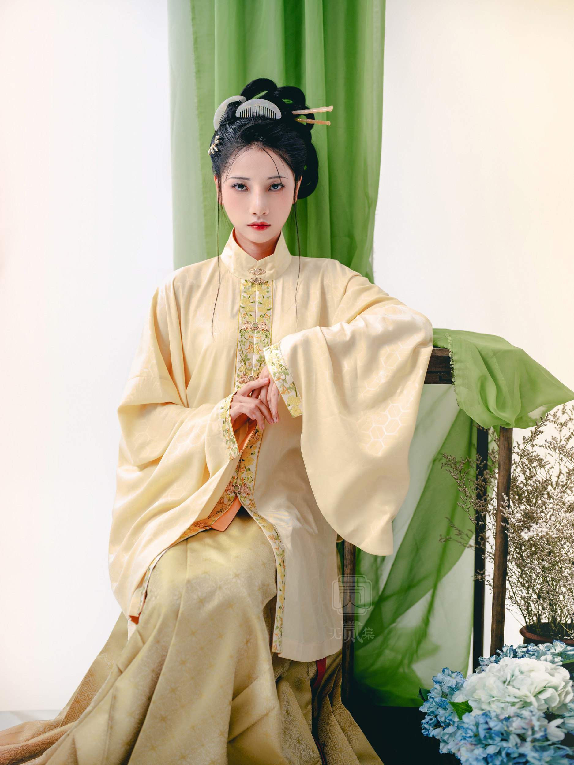 立领原创纯色绿色秋绿襟衫暗纹妆花明制芳华汉服