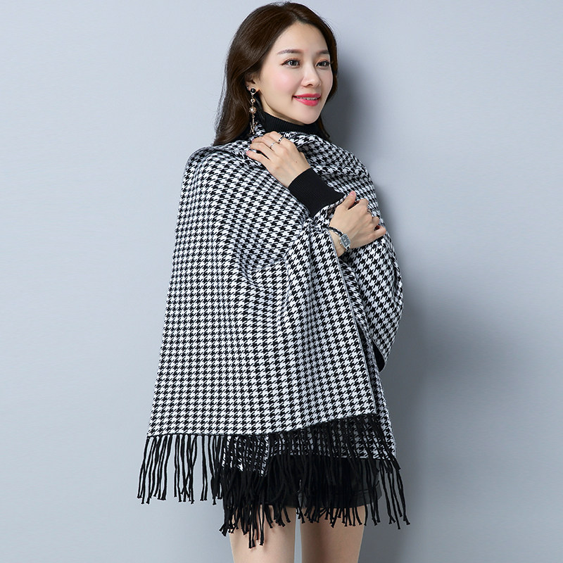 羊毛带袖披肩女新款千鸟格春秋冬季外搭配旗袍斗篷蝙蝠式流苏披风