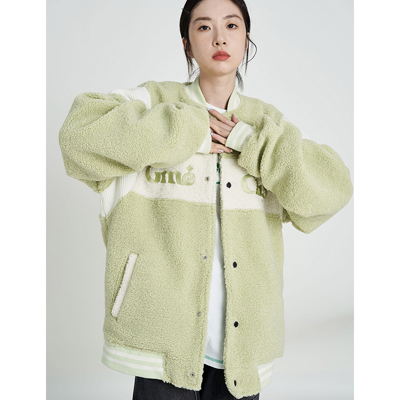 GMETRYART（盖米）拼色羊羔绒外套秋冬款宽松棒球服飞行员夹克男