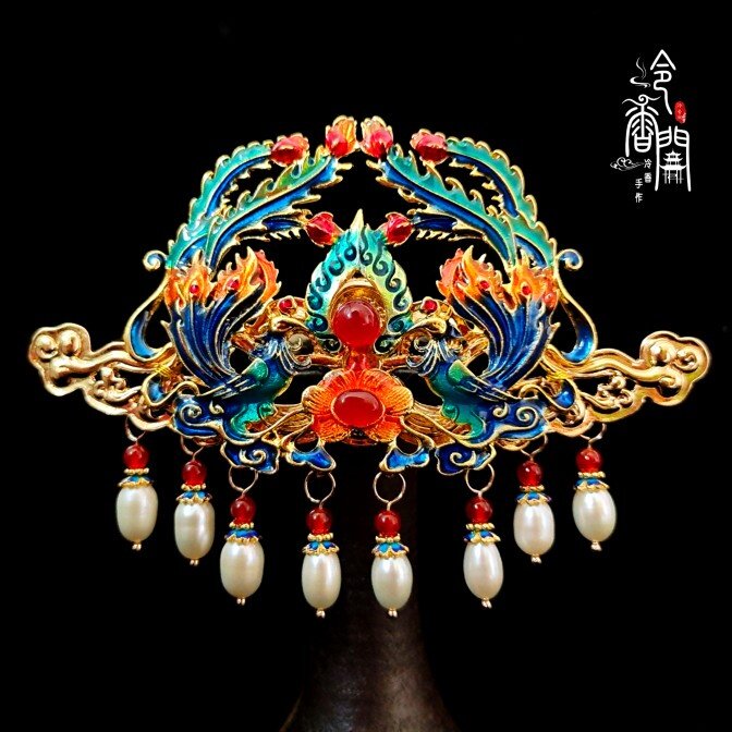 香阁原创珍珠烧蓝套装明制礼盒发饰大明贵妇耳环