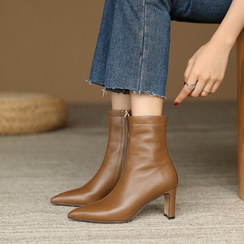 本期重磅软糯小羊皮法式踝靴小裸尖头短靴气质时装靴