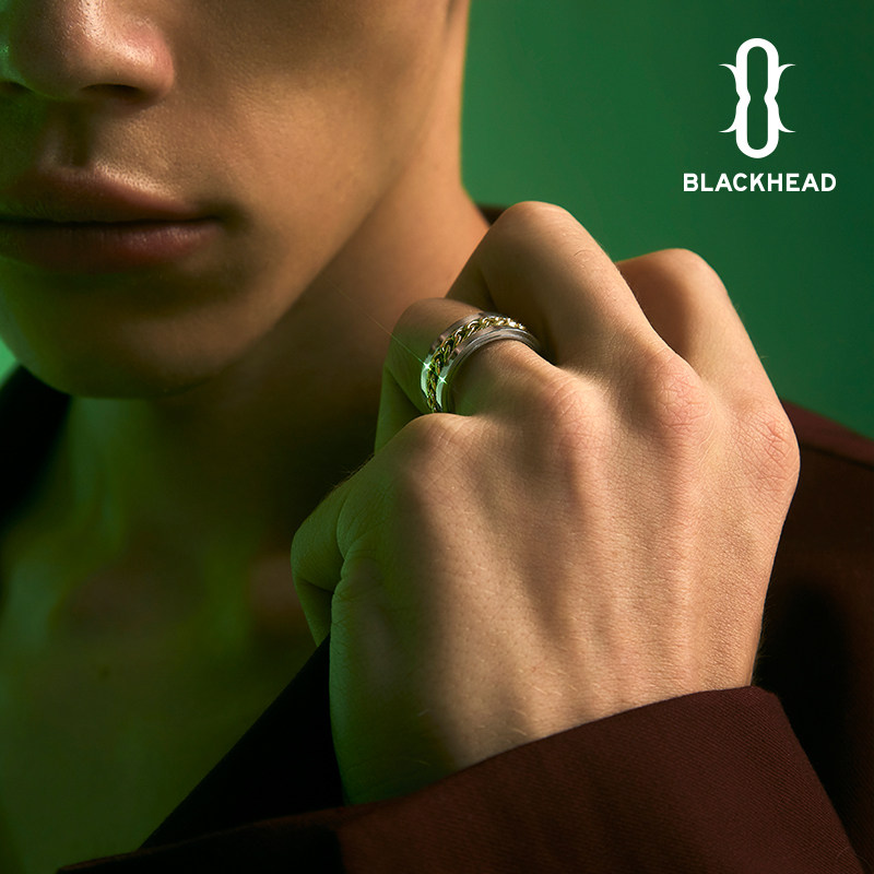 blackhead黑头轨镶链条金银拼色钛钢戒指圣诞节新年戒指