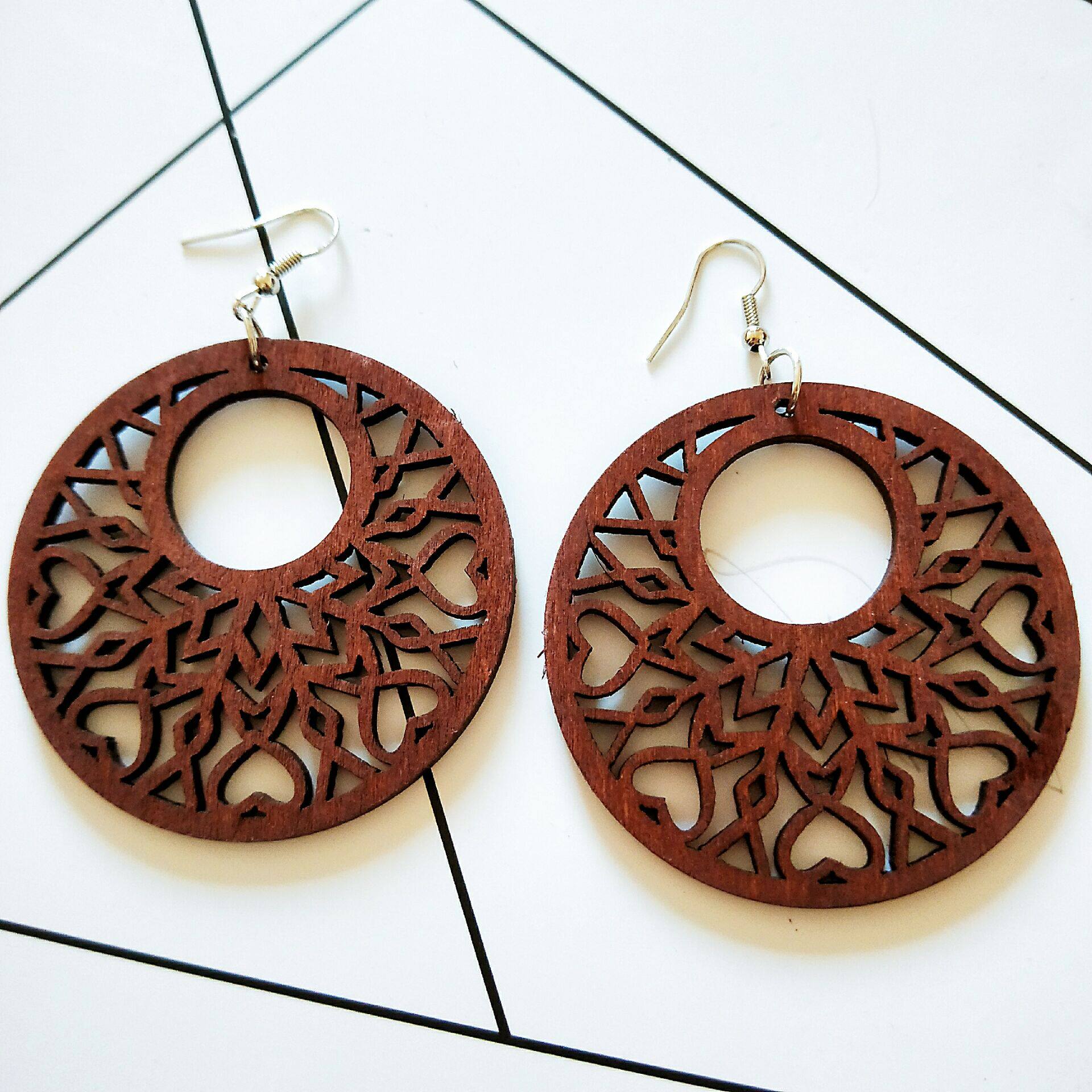 耳环潮人diy饰品木质木制项坠圆形镂空花木耳环