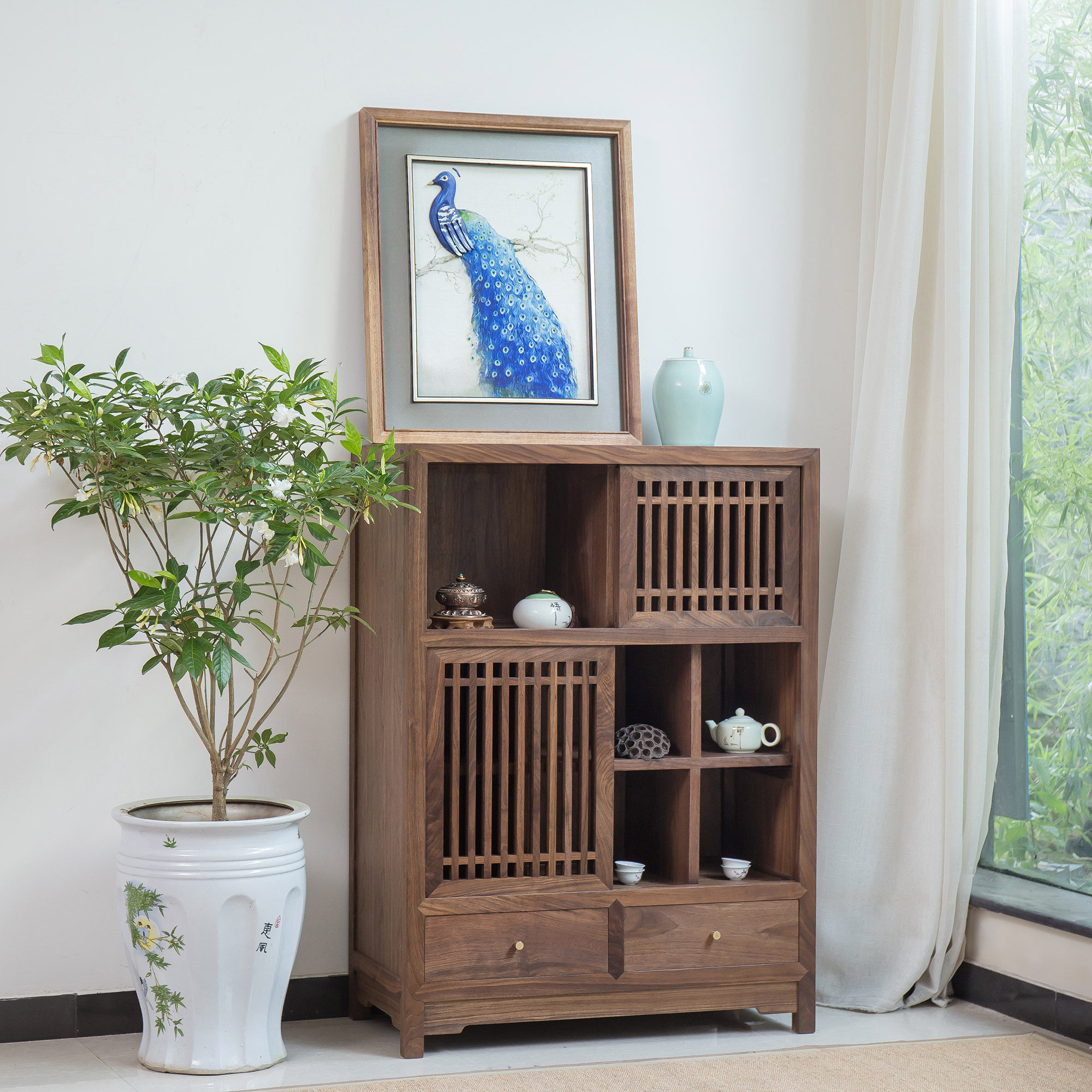 禅意餐边柜客厅收纳茶水榆木矮柜胡桃木新中式边柜角柜