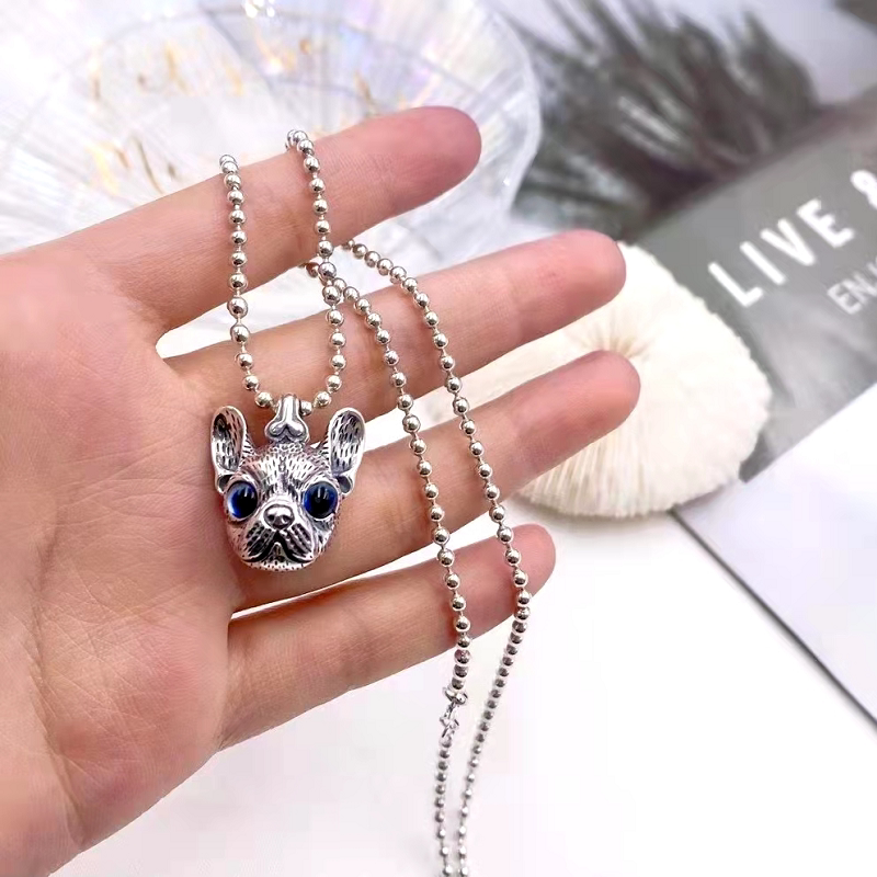 s925纯银呆萌宠物狗斗牛犬法斗狗狗狗头吊坠项链项链
