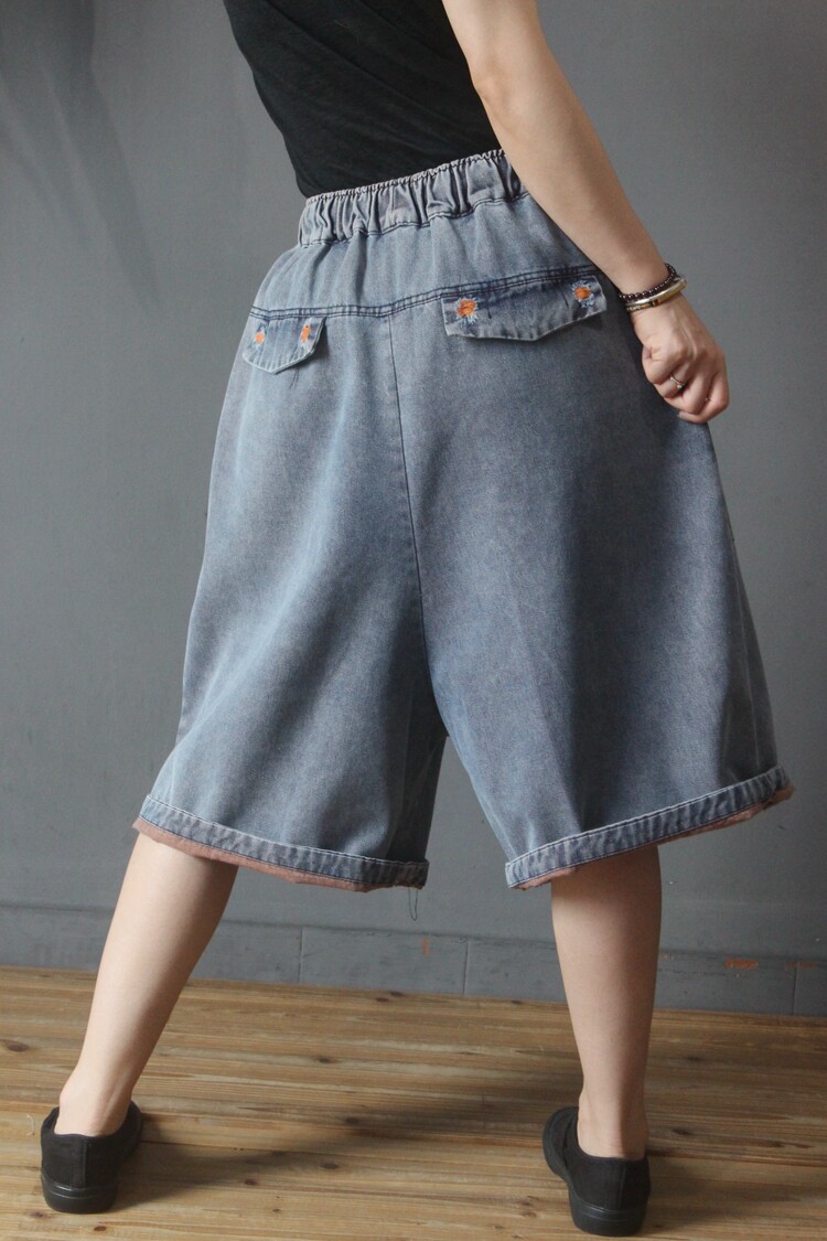 米木子 潮流破洞牛仔垮裤女 复古水洗松紧腰大口袋百搭显瘦短裤