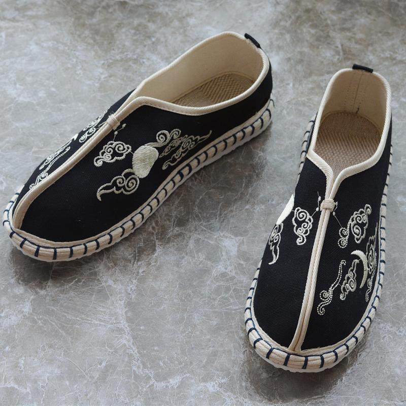 中式复古功夫布鞋星月刺绣圆头休闲鞋一脚脚蹬布鞋