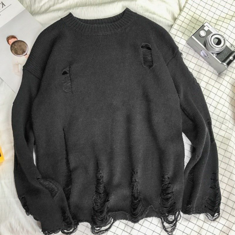 ins超火破洞毛衣圆领宽松套头针织衫破烂原宿针织衫