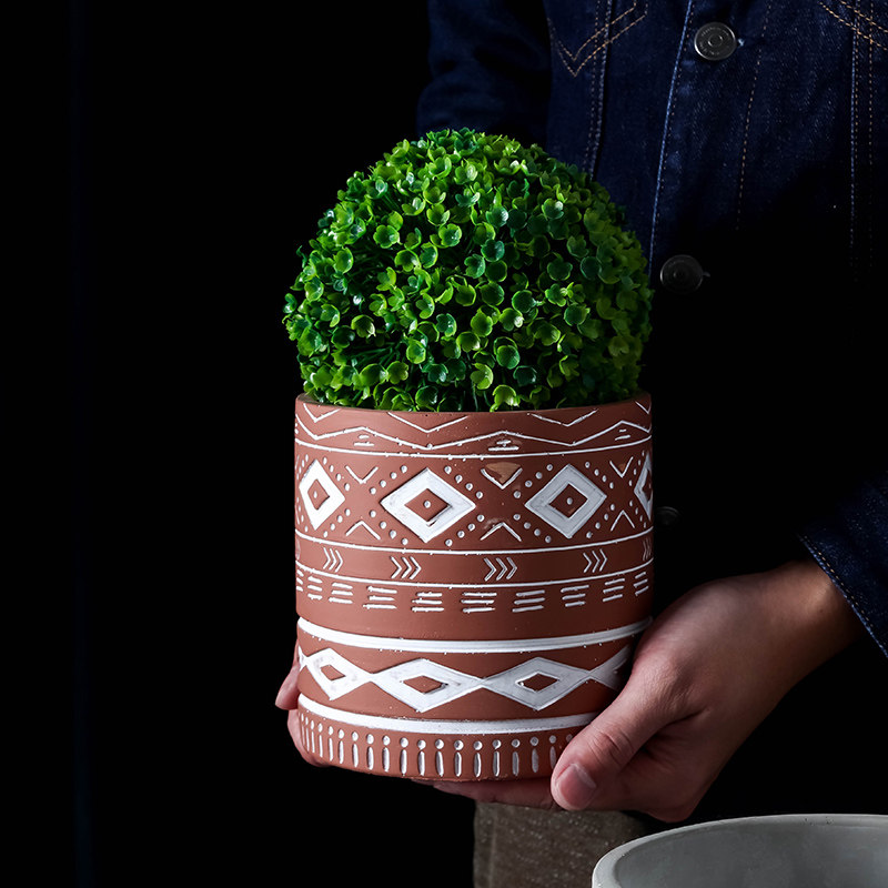 水泥花盆圆柱形几何民族浮雕花纹多肉绿植盆栽花盆